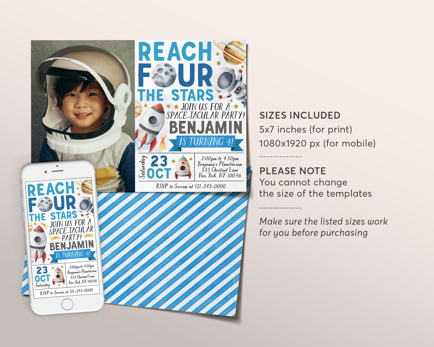 Outer Space 4th Birthday Invitation With Photo Editable Template, Boy Reach Four The Stars Fourth Birthday Party Invite, Rocket Ship Evite