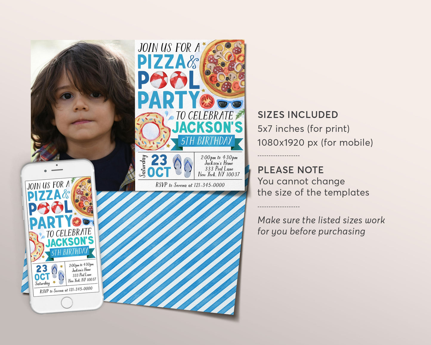 Pizza Pool Party Birthday Invitation With Photo Editable Template, Summer Swimming Pool Pizza Party Bash Invite, Boy End Of School Evite