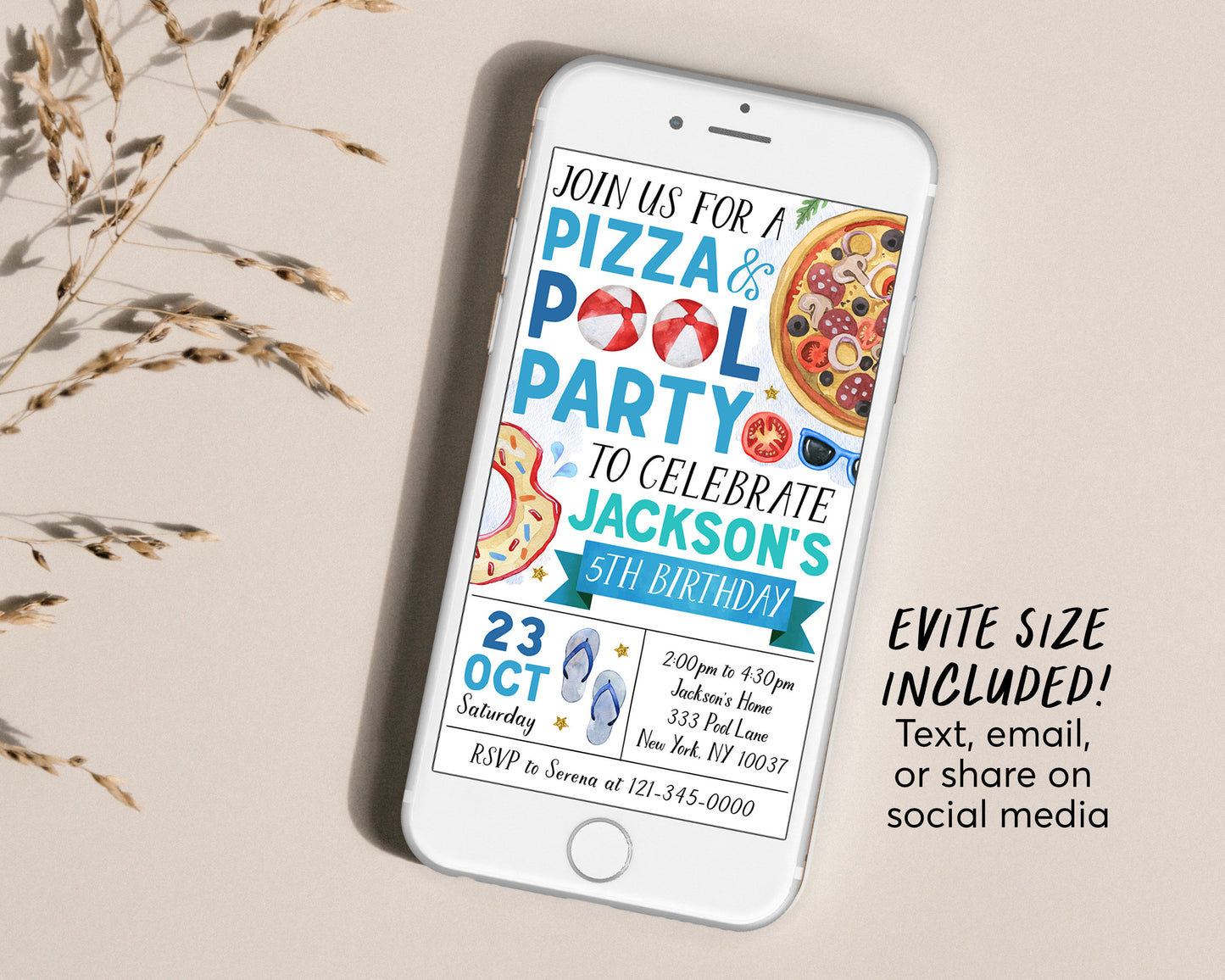 Pizza Pool Party Birthday Invitation With Photo Editable Template, Summer Swimming Pool Pizza Party Bash Invite, Boy End Of School Evite