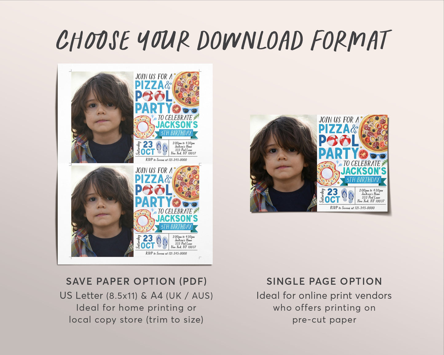 Pizza Pool Party Birthday Invitation With Photo Editable Template, Summer Swimming Pool Pizza Party Bash Invite, Boy End Of School Evite
