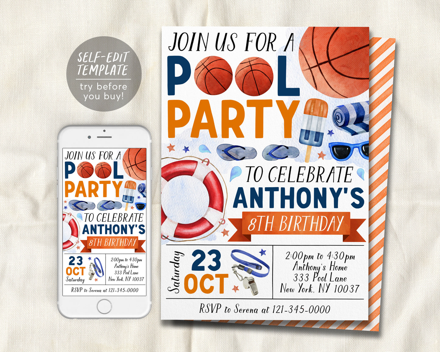 Basketball Pool Party Birthday Invitation Editable Template