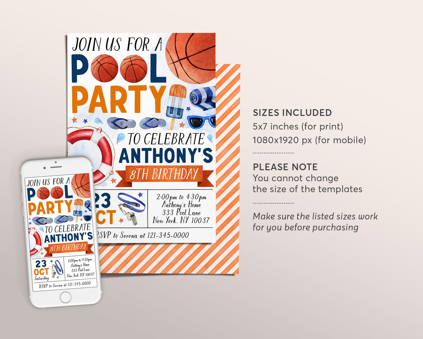 Basketball Pool Party Birthday Invitation Editable Template, Summer Sports Basketball Backyard Summer Party Invite, Boy Swimming Pool Evite