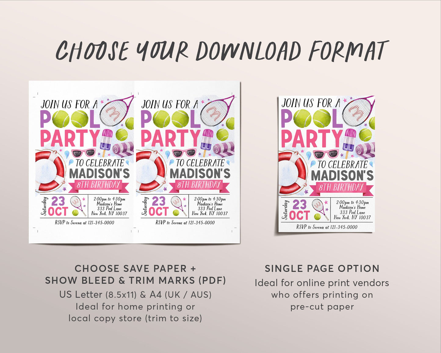 Tennis Pool Party Birthday Invitation Editable Template, Summer Sports Basketball Backyard Summer Party Invite, Girl Swimming Pool Evite