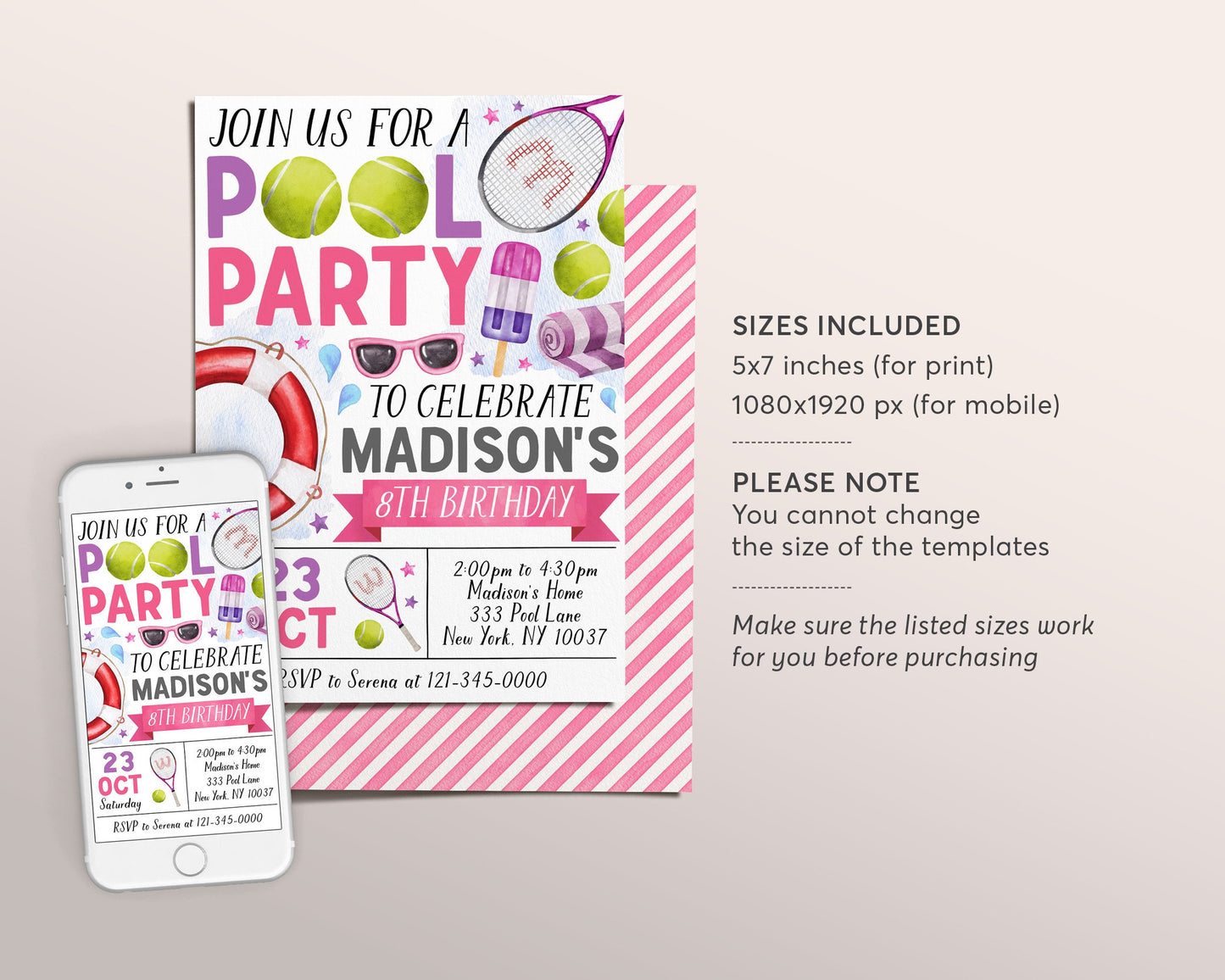 Tennis Pool Party Birthday Invitation Editable Template, Summer Sports Basketball Backyard Summer Party Invite, Girl Swimming Pool Evite