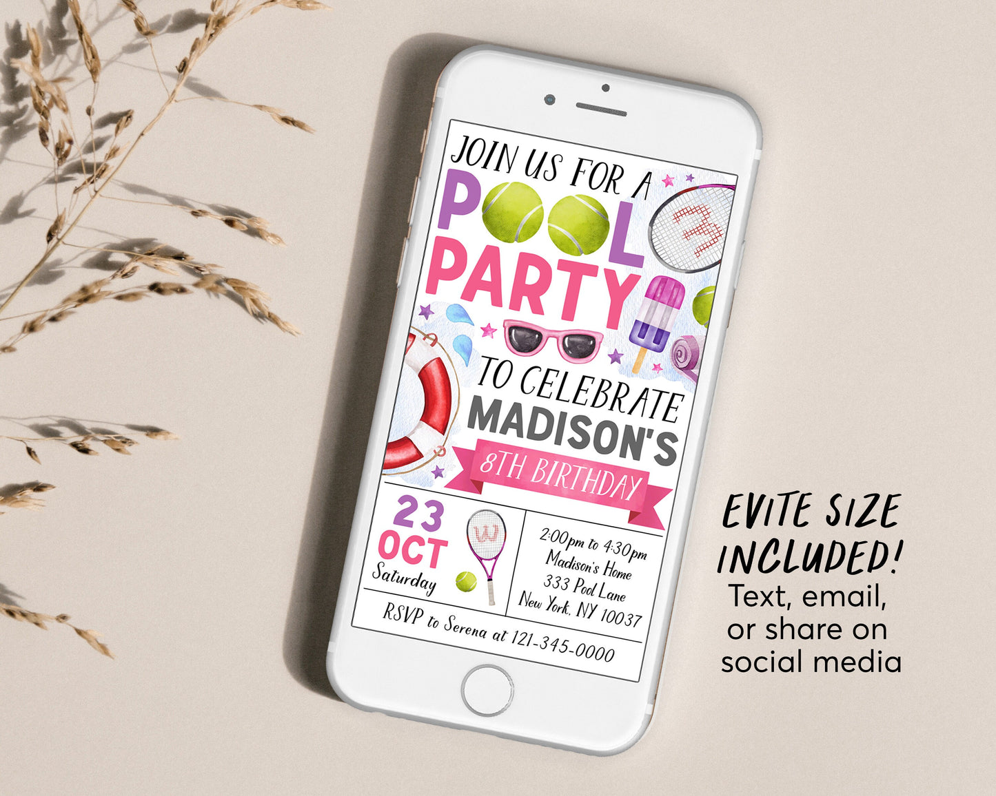 Tennis Pool Party Birthday Invitation Editable Template, Summer Sports Basketball Backyard Summer Party Invite, Girl Swimming Pool Evite