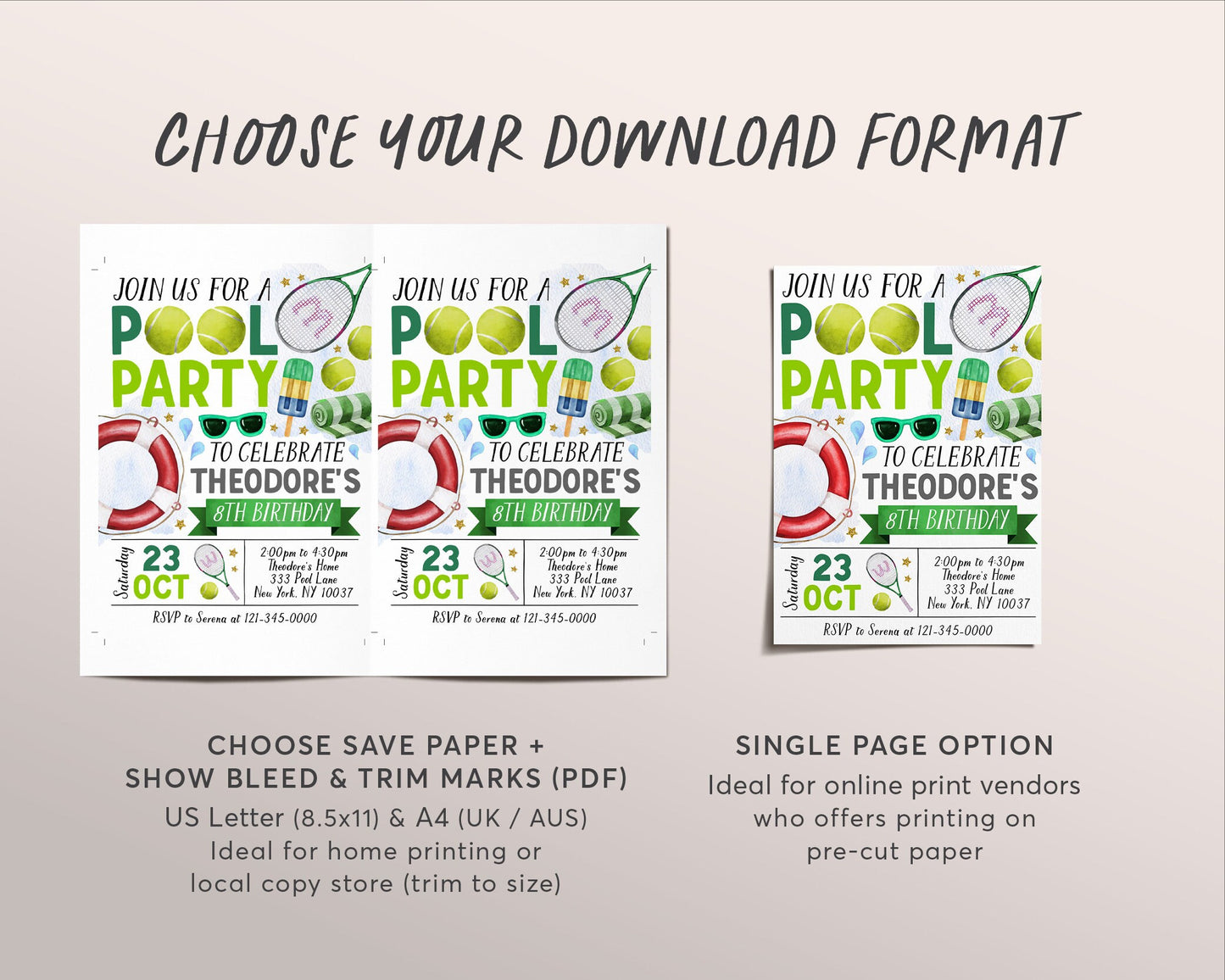 Tennis Pool Party Birthday Invitation Editable Template, Summer Sports Basketball Backyard Summer Party Invite, Boy Swimming Pool Evite