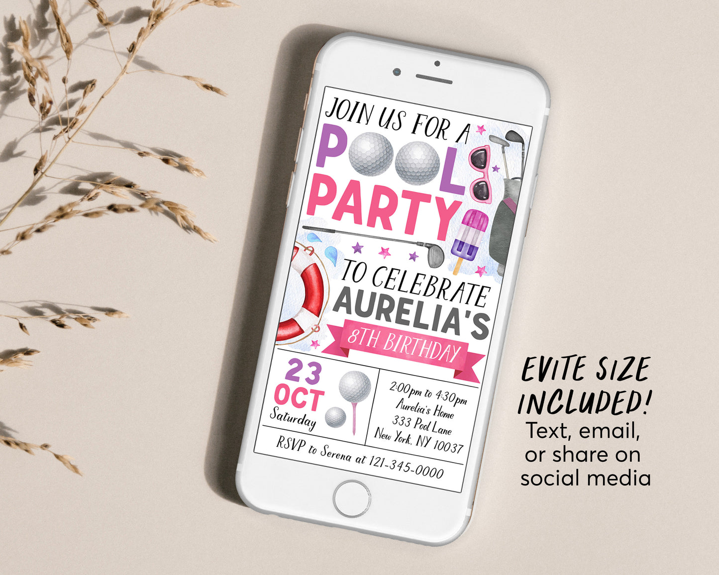 Golf Pool Party Birthday Invitation Editable Template, Summer Sports Basketball Backyard Summer Party Invite, Girl Swimming Pool Evite