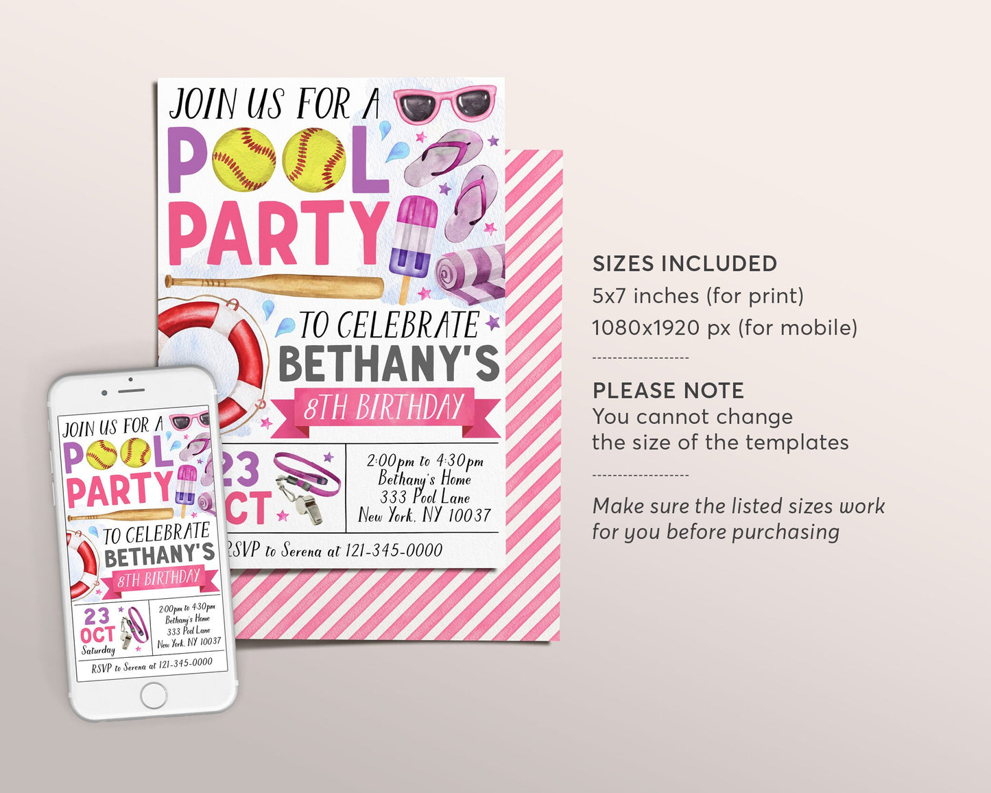 Softball Pool Party Birthday Invitation Editable Template, Summer Sports Softball Backyard Summer Party Invite, Girl Swimming Pool Evite
