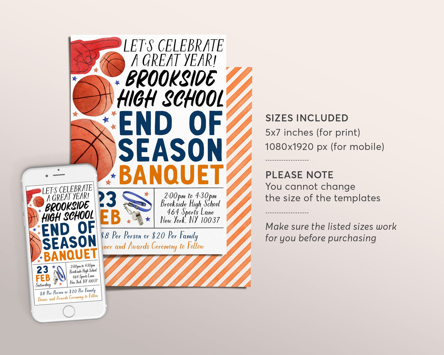 Basketball End of Season Sports Banquet Invitation Editable Template, Basketball Awards Night Ceremony, Team Party Evite Senior Parent