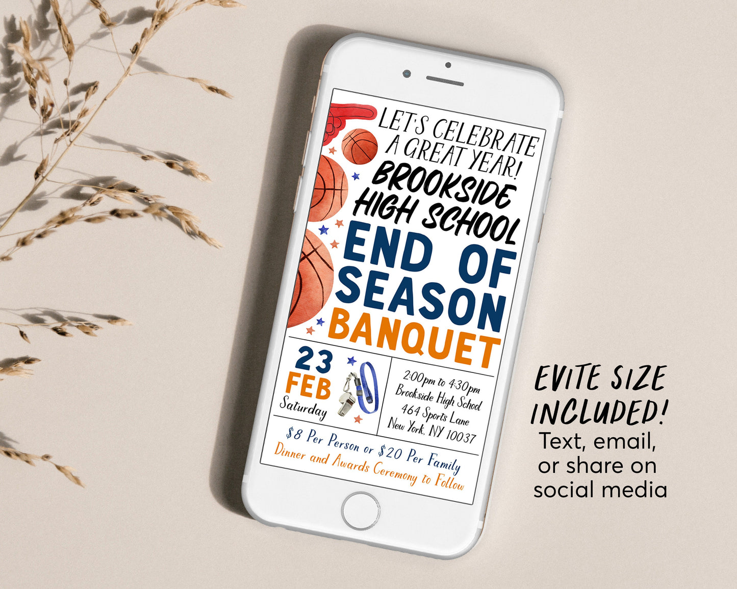 Basketball End of Season Sports Banquet Invitation Editable Template, Basketball Awards Night Ceremony, Team Party Evite Senior Parent