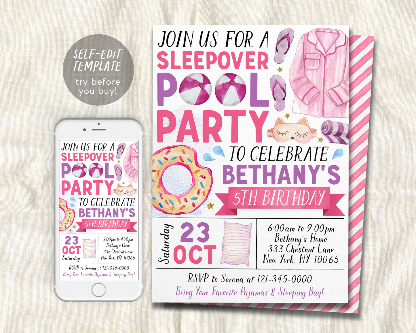 Sleepover Pool Party Birthday Invitation Editable Template