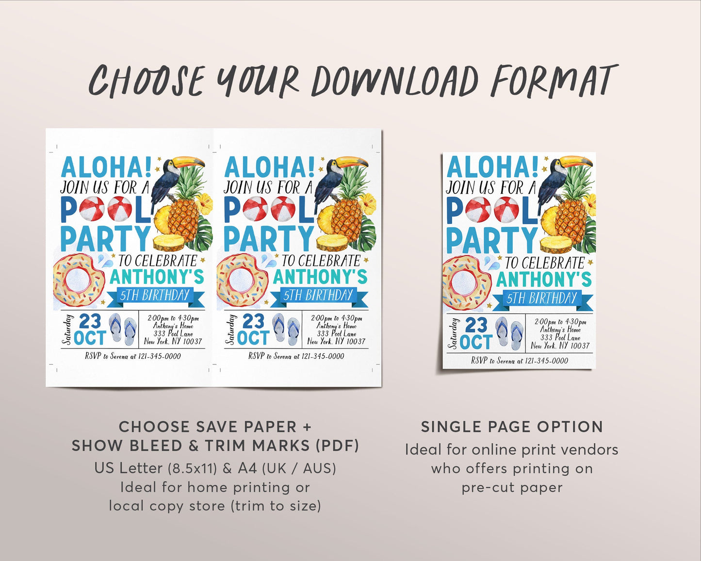 Aloha Tropical Pool Party Birthday Invitation Editable Template, Summer Hawaiian Themed Swimming Party Invite, Boy Hawaii Pineapple Evite