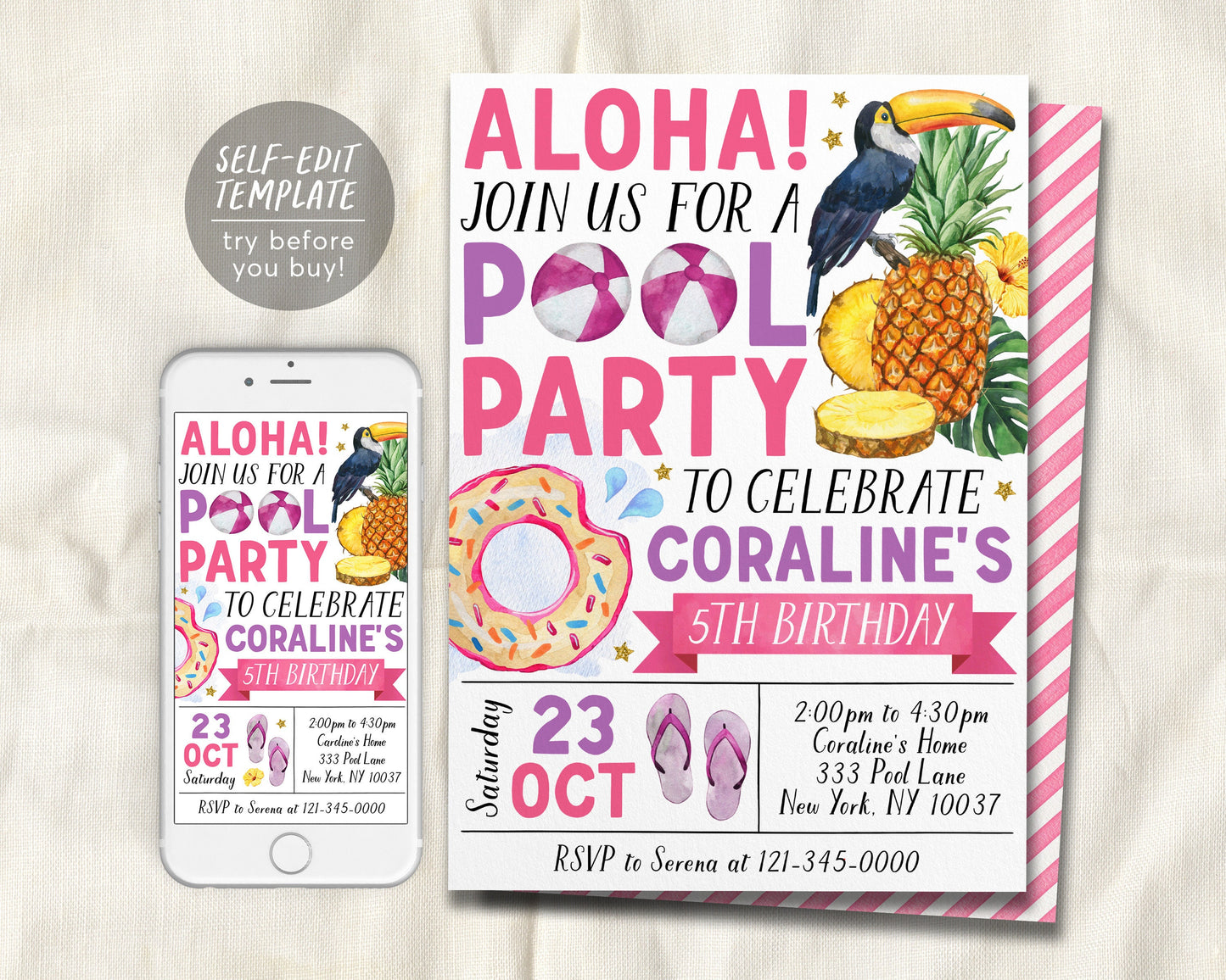 Aloha Tropical Pool Party Birthday Invitation Editable Template