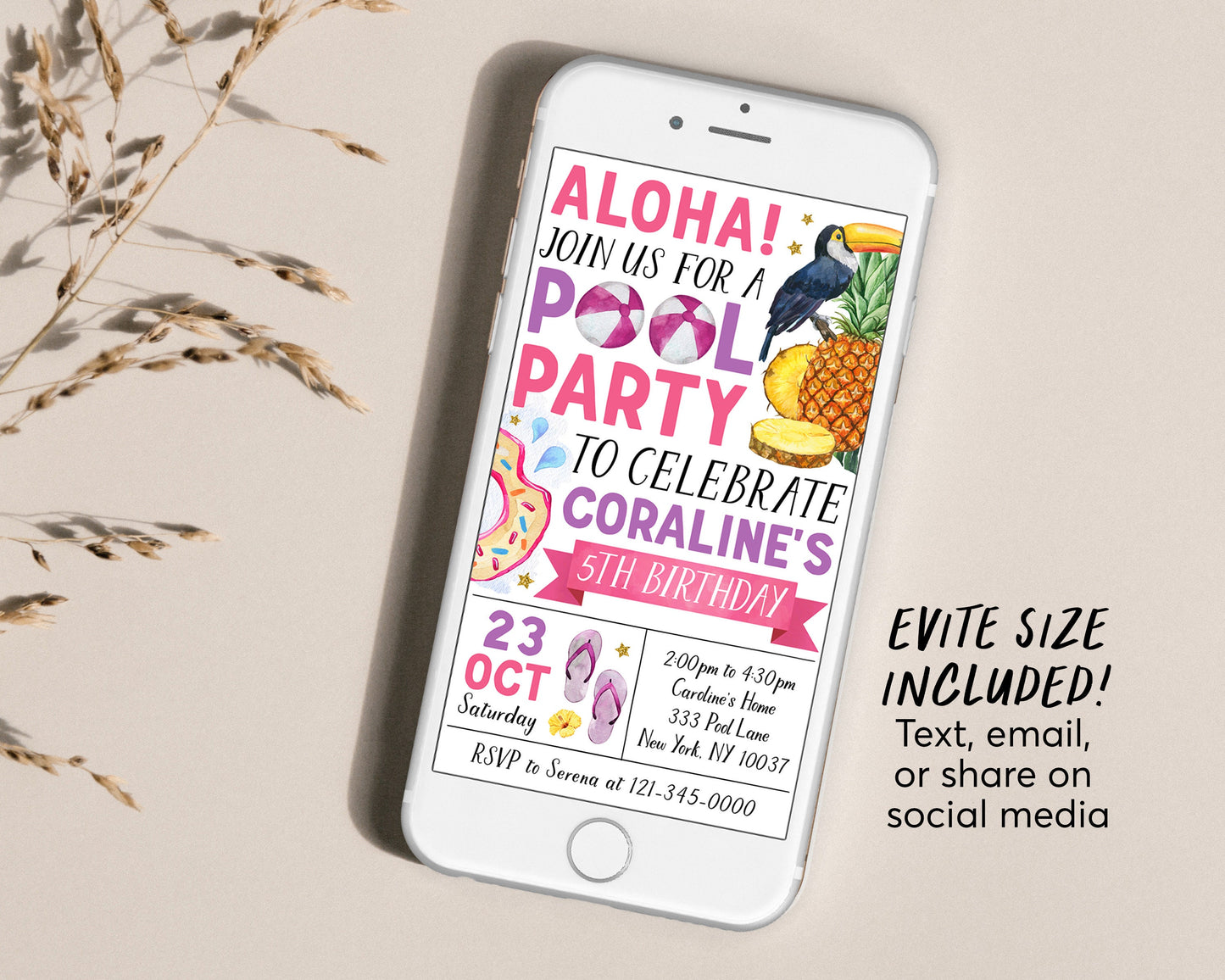 Aloha Tropical Pool Party Birthday Invitation Editable Template, Summer Hawaiian Themed Swimming Party Invite, Girl Hawaii Pineapple Evite