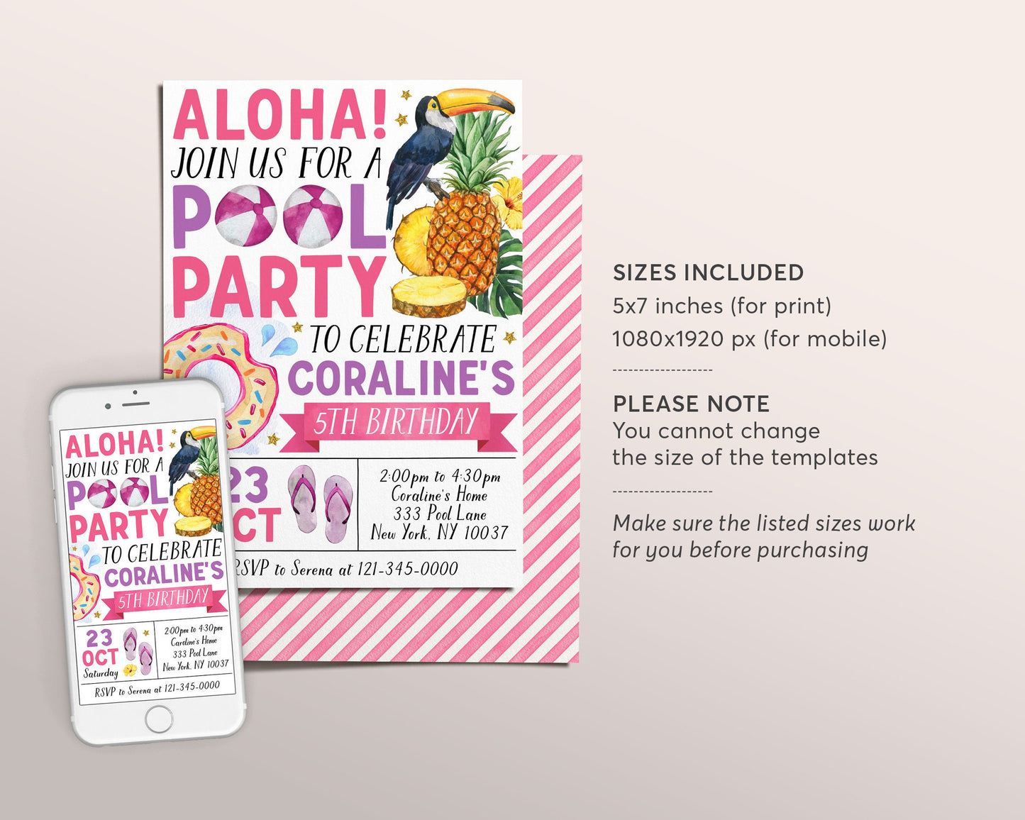 Aloha Tropical Pool Party Birthday Invitation Editable Template, Summer Hawaiian Themed Swimming Party Invite, Girl Hawaii Pineapple Evite