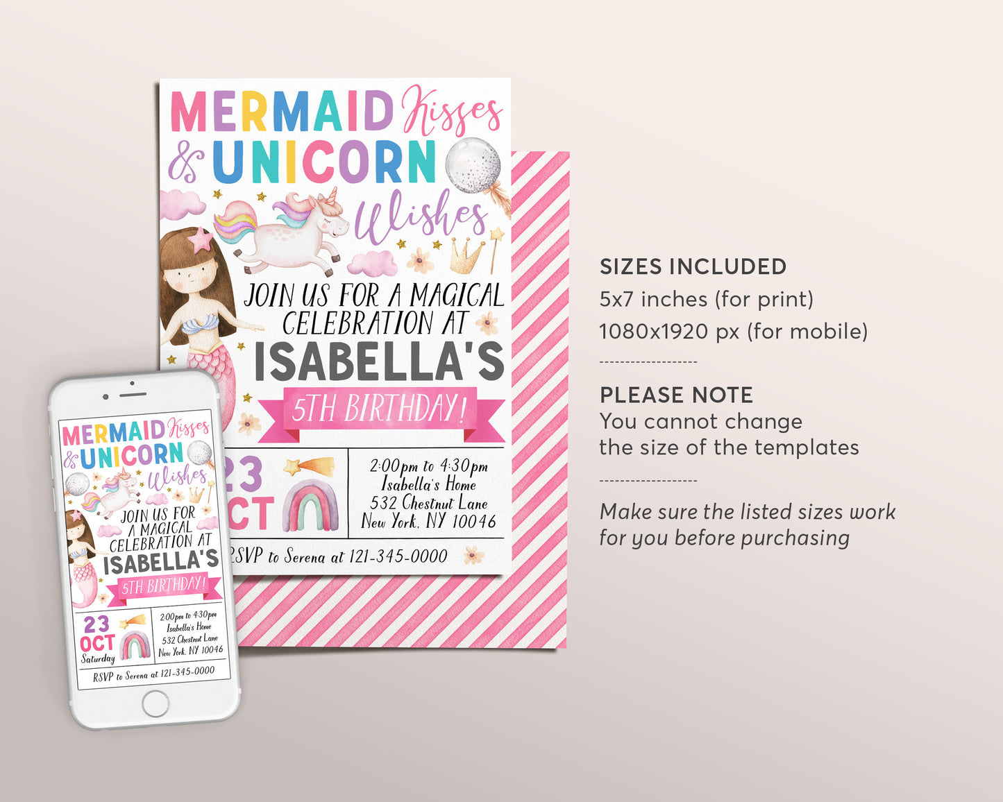 Mermaids And Unicorns Birthday Invitation Editable Template, Girl Mermaid Kisses And Unicorn Wishes Party Invite, Magical Celebration Evite