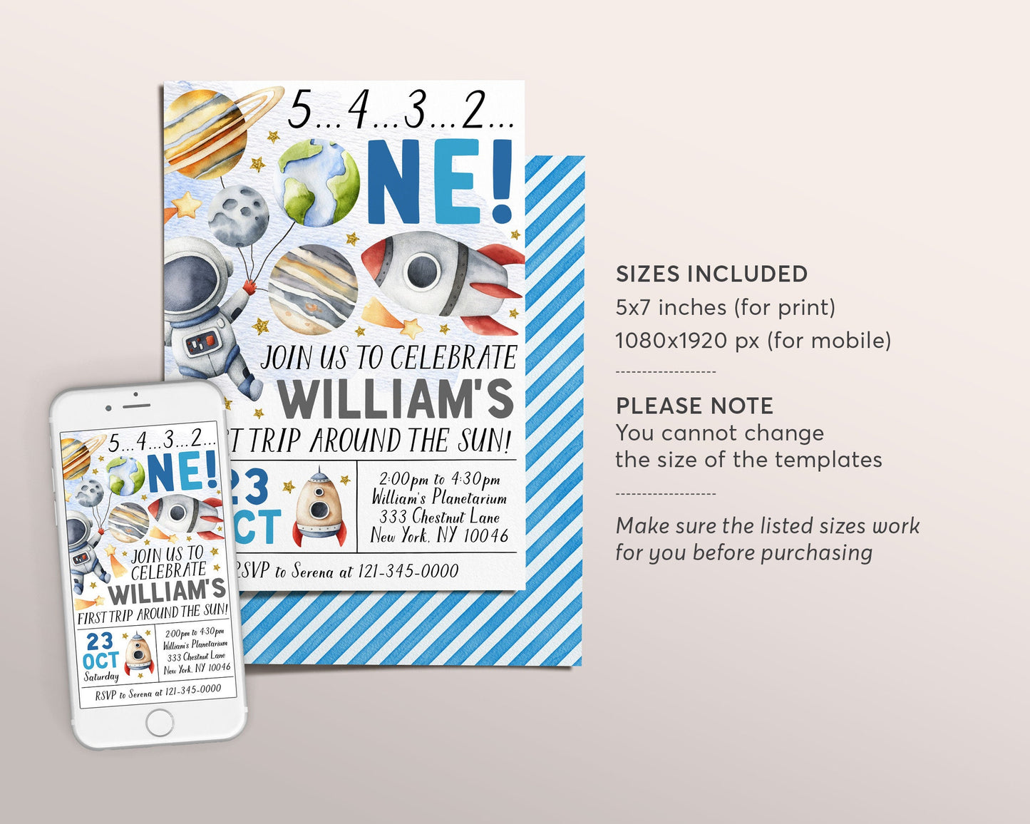 Outer Space First Birthday Invitation Editable Template, Boy First Trip Around the Sun Party Invite, Astronaut Rocket Ship Planets Evite