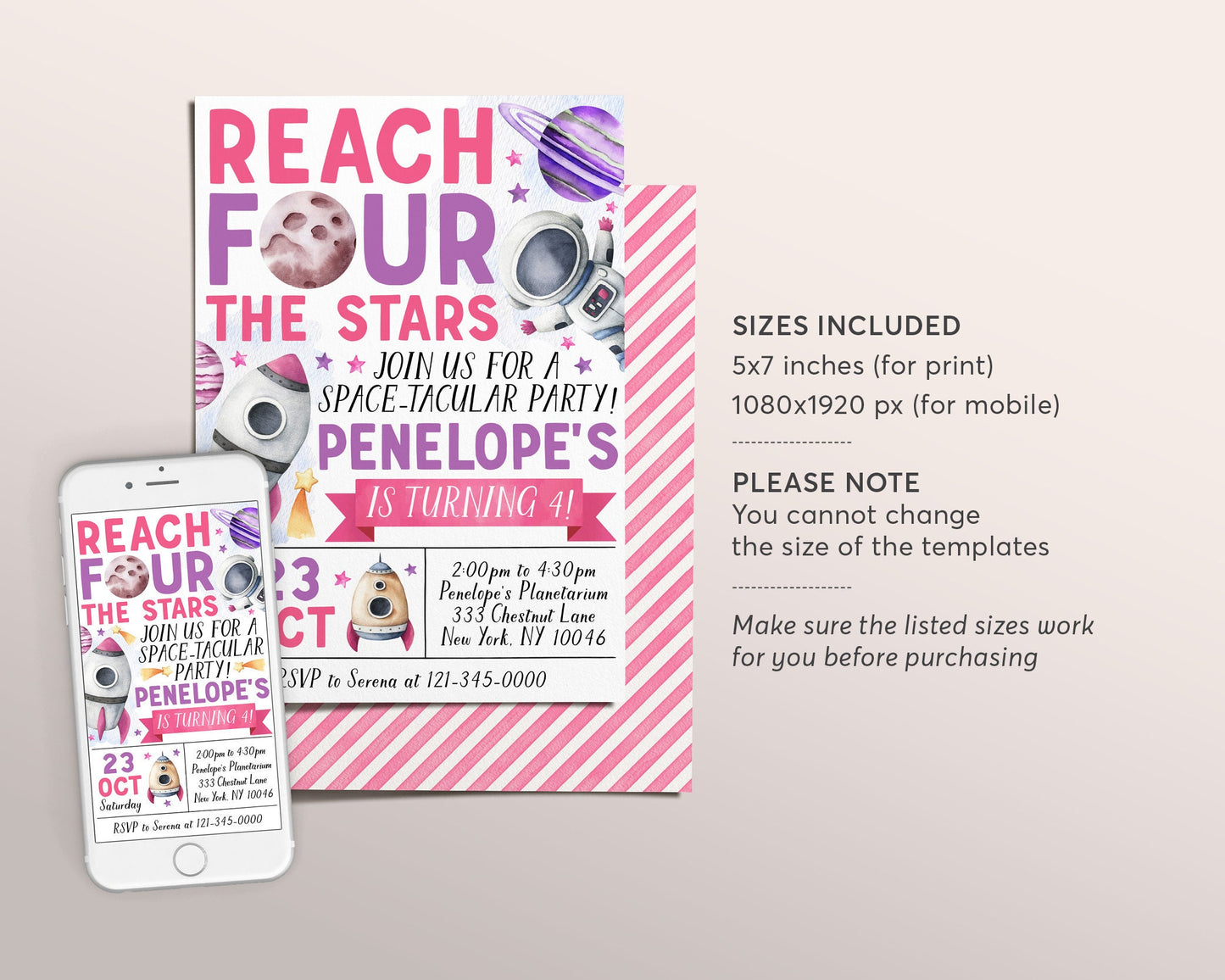 Outer Space 4th Birthday Invitation Editable Template, Girl Reach Four The Stars Fourth Birthday Party Invite, Rocket Ship Planets Evite
