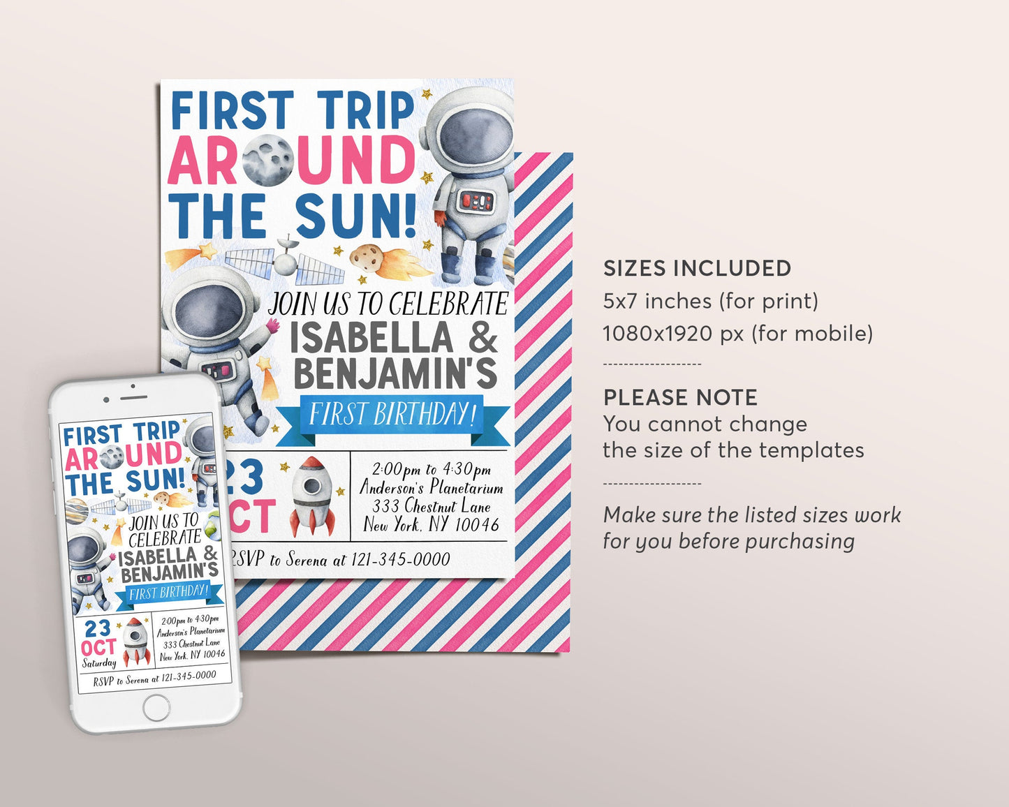 Outer Space First Birthday Joint Twins Siblings Invitation Editable Template, First Trip Around the Sun Party Invite, Astronaut Rocket Ship