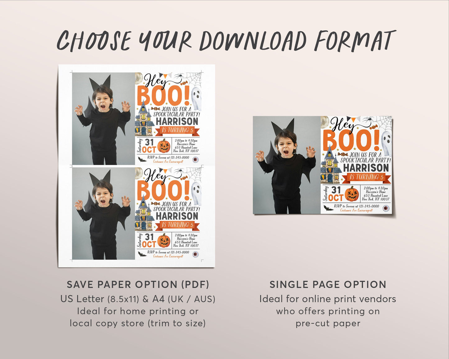 Halloween Birthday Invitation With Photo Editable Template, Hey Boo Ghost Party Invite, Kids Spooktacular Halloween Costume Party Evite