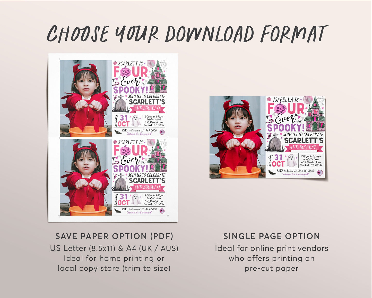Four Ever Spooky Halloween 4th Birthday Invitation With Photo Editable Template, Girl Spooky Fourth Party Invite, Ghost Spooktacular Evite