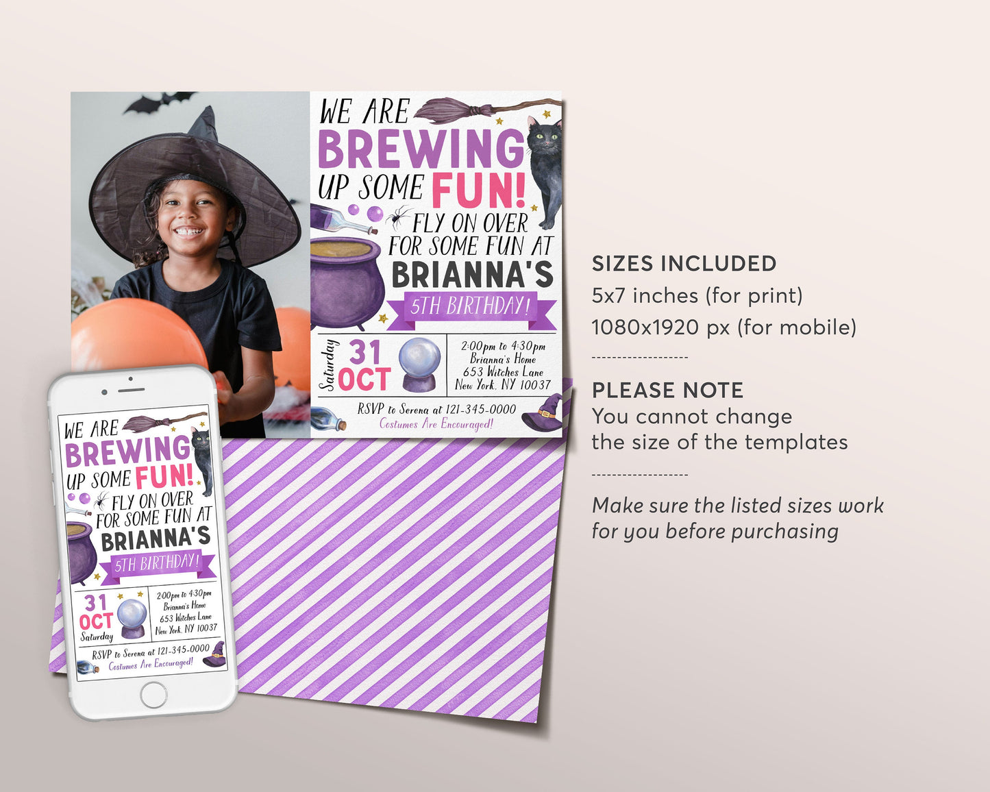 Witch Birthday Invitation With Photo Editable Template, Brewing Up Some Fun Halloween Night Party Invite, Kids Witches Cauldron Potion Party
