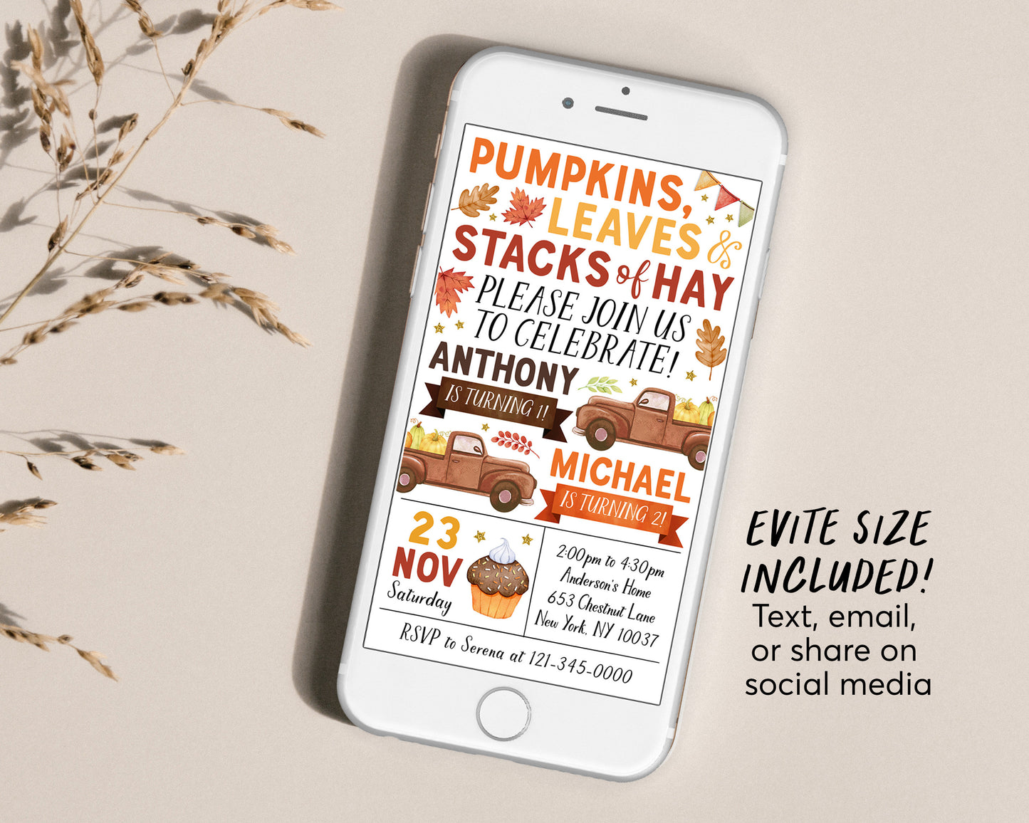 Pumpkin Truck Joint Siblings Birthday Invitation Editable Template, Kids Twins Boys Autumn Party Invite, Pumpkins Leaves Stacks Of Hay Evite
