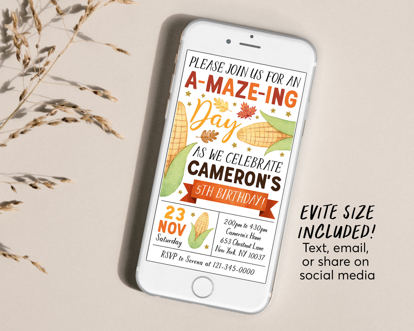 Corn Maze Birthday Invitation With Photo Editable Template, Kids Corn Field Party Invite, Fall Festival Party Evite, Corn and Pumpkin Patch