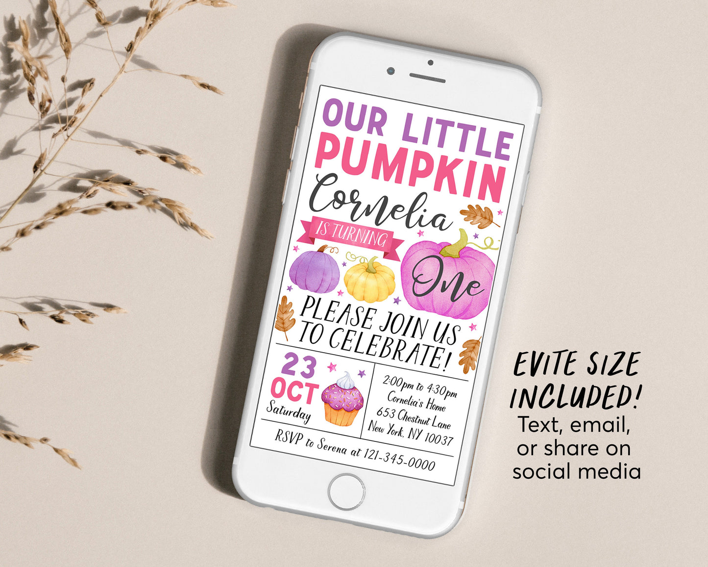 Our Little Pumpkin First Birthday Invitation With Photo Editable Template, Kids Girl Thanksgiving 1st Birthday Party Invite, Autumn Evite