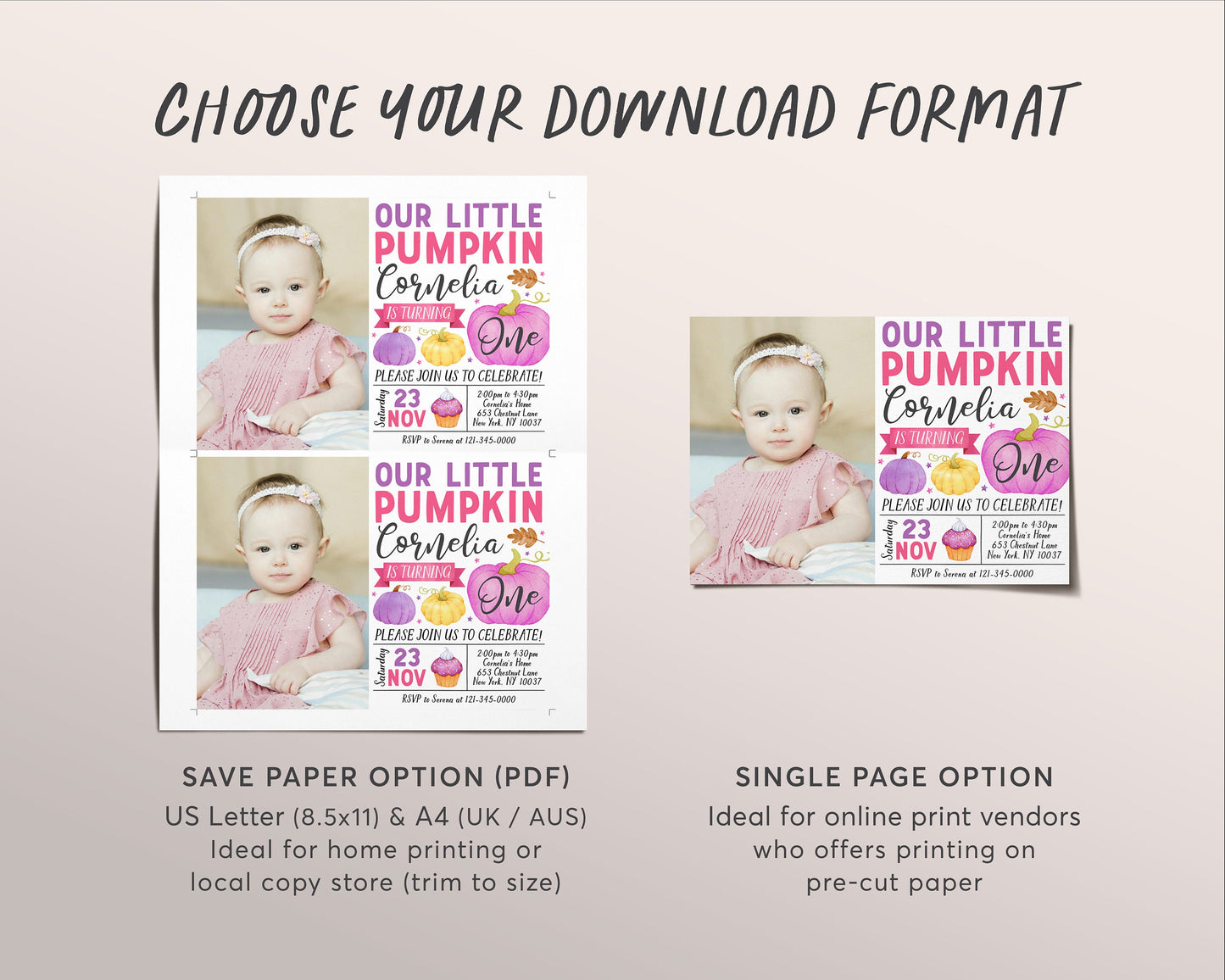Our Little Pumpkin First Birthday Invitation With Photo Editable Template, Kids Girl Thanksgiving 1st Birthday Party Invite, Autumn Evite