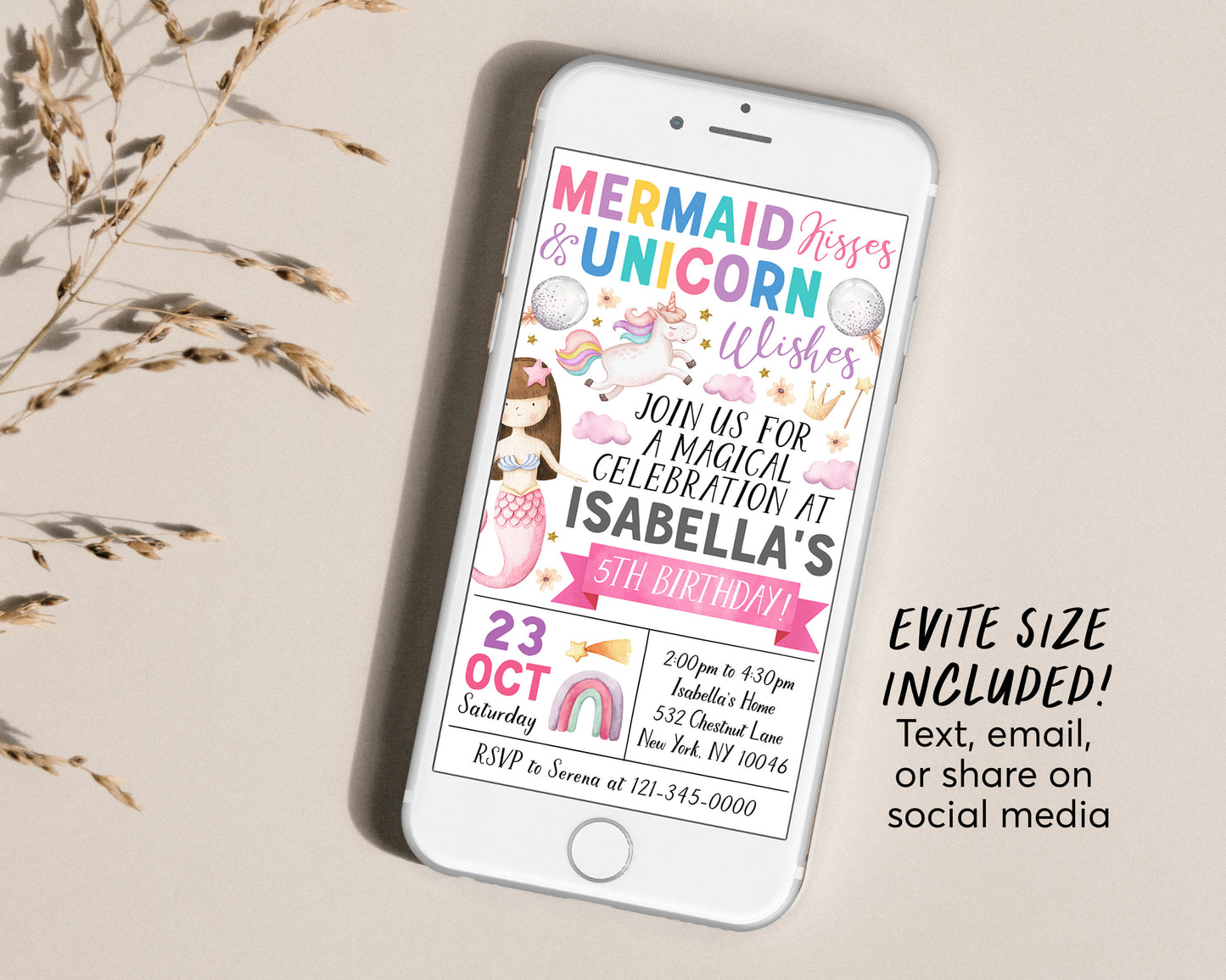 Mermaids And Unicorns Birthday Invitation Editable Template, Girl Mermaid Kisses And Unicorn Wishes Party Invite, Magical Celebration Evite