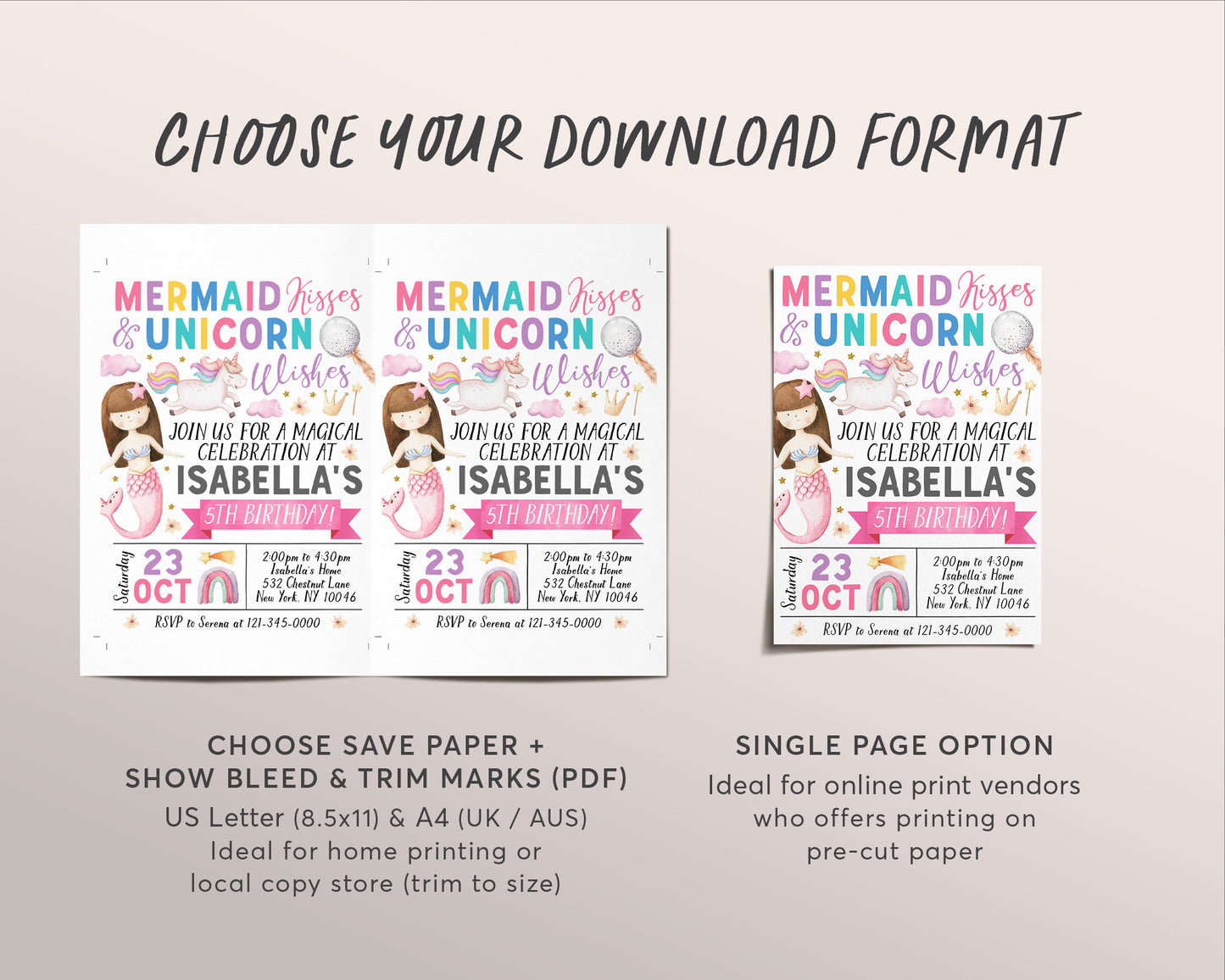 Mermaids And Unicorns Birthday Invitation Editable Template, Girl Mermaid Kisses And Unicorn Wishes Party Invite, Magical Celebration Evite