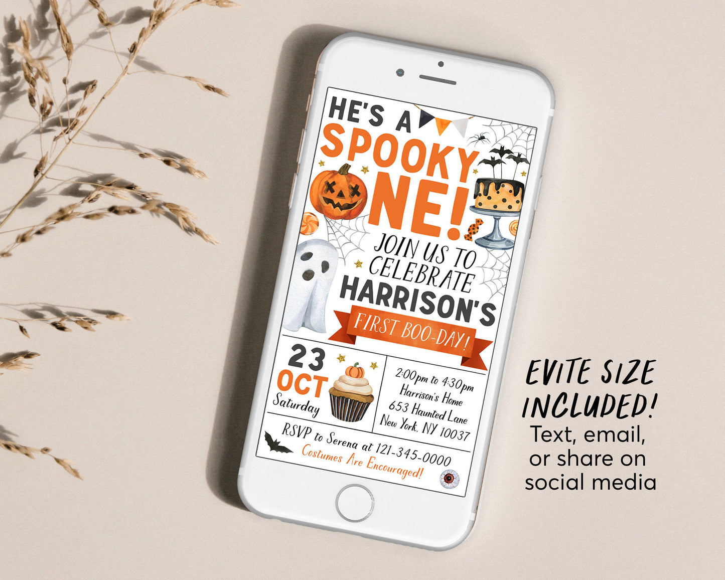 Spooky One Halloween Birthday Invitation Editable Template, Unisex Ghost Spooky First Birthday Party Invite Spooktacular Costume Party Evite