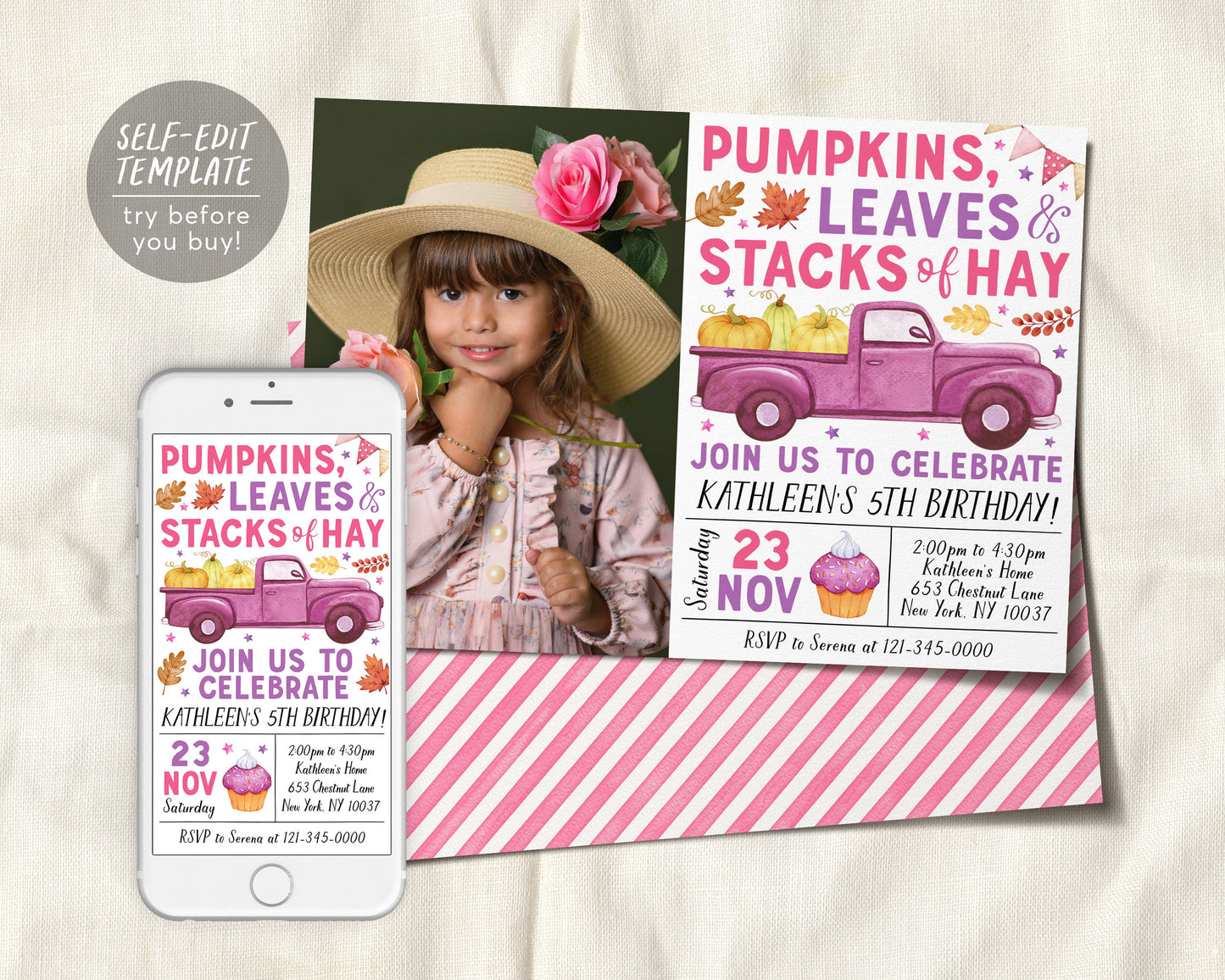 Pumpkin Truck Birthday Invitation With Photo Editable Template