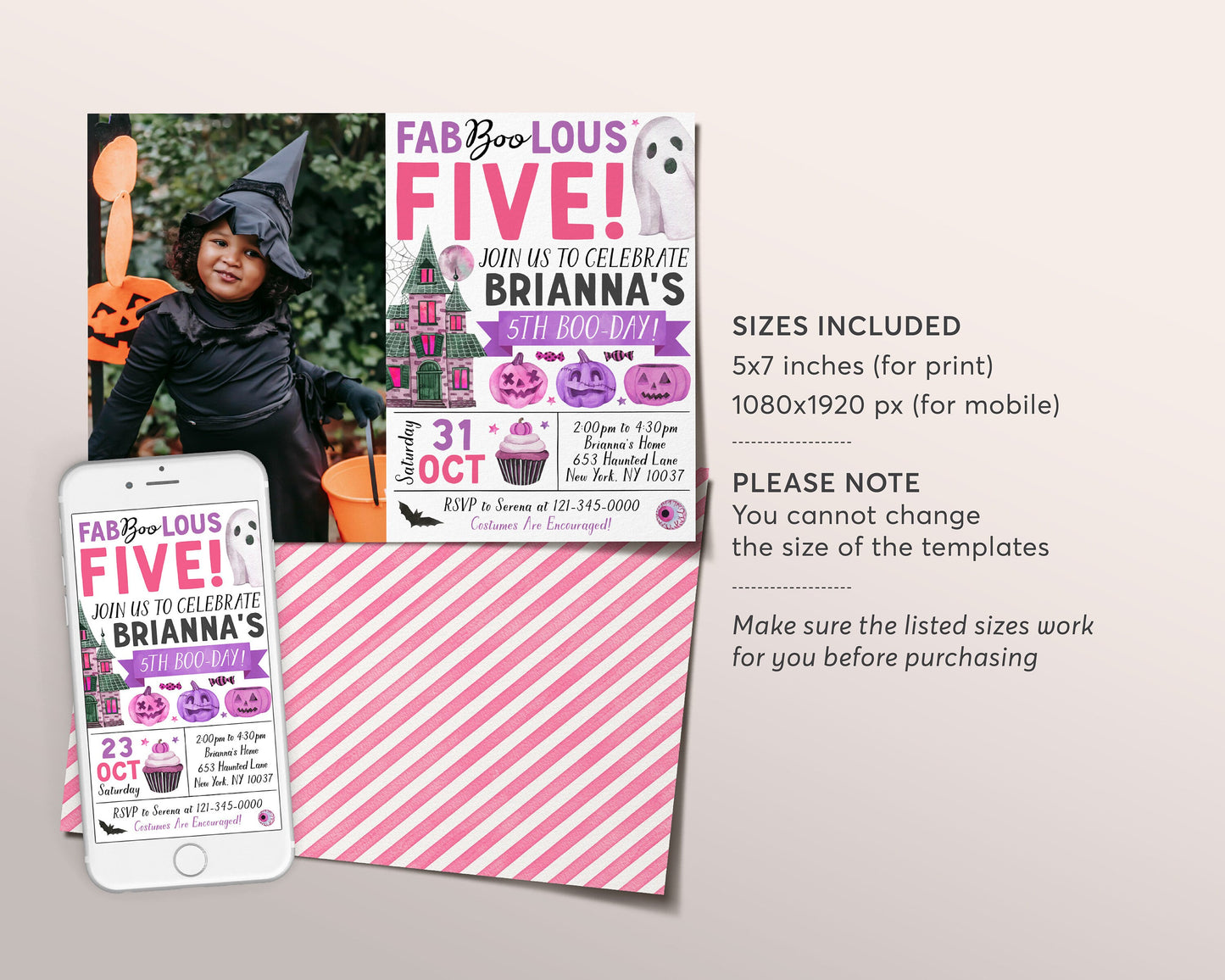 Halloween 5th Birthday Invitation With Photo Editable Template, Girl FabBOOlous Five Spooky Party Invite, Ghost Spooktacular Party Evite