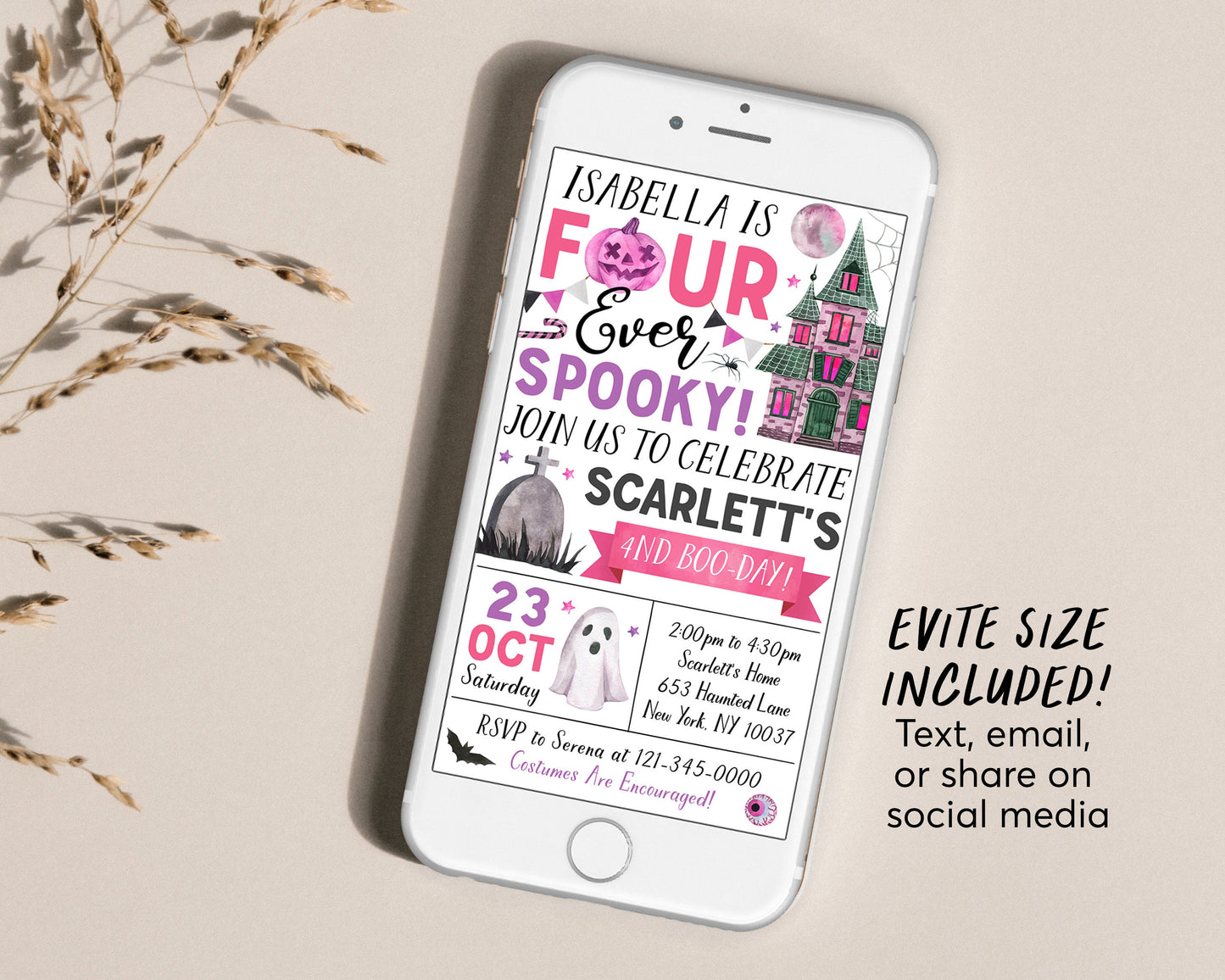 Four Ever Spooky Halloween 4th Birthday Invitation With Photo Editable Template, Girl Spooky Fourth Party Invite, Ghost Spooktacular Evite