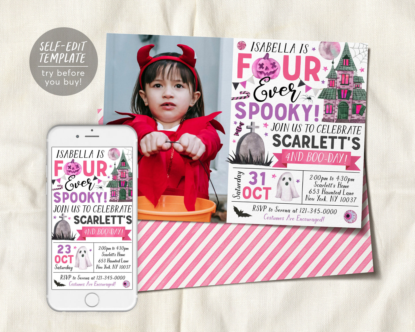 Four Ever Spooky Halloween 4th Birthday Invitation With Photo Editable Template