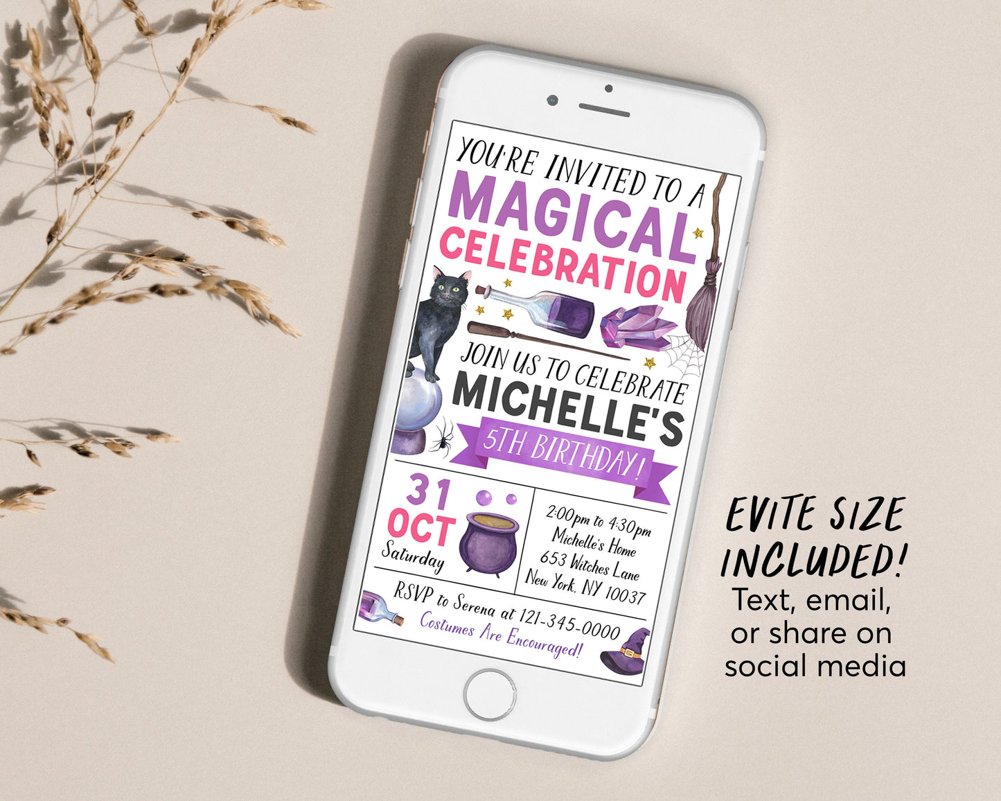 Magical Witch Birthday Invitation With Photo Editable Template, Magic Potion Witchcraft Halloween Night Party Invite, Kids Witches Party
