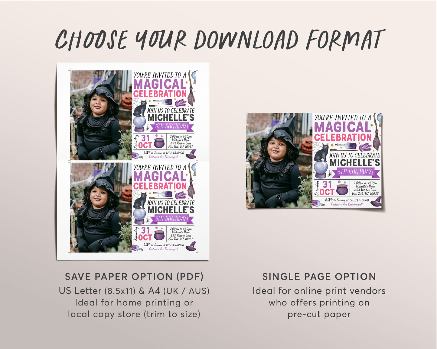 Magical Witch Birthday Invitation With Photo Editable Template, Magic Potion Witchcraft Halloween Night Party Invite, Kids Witches Party