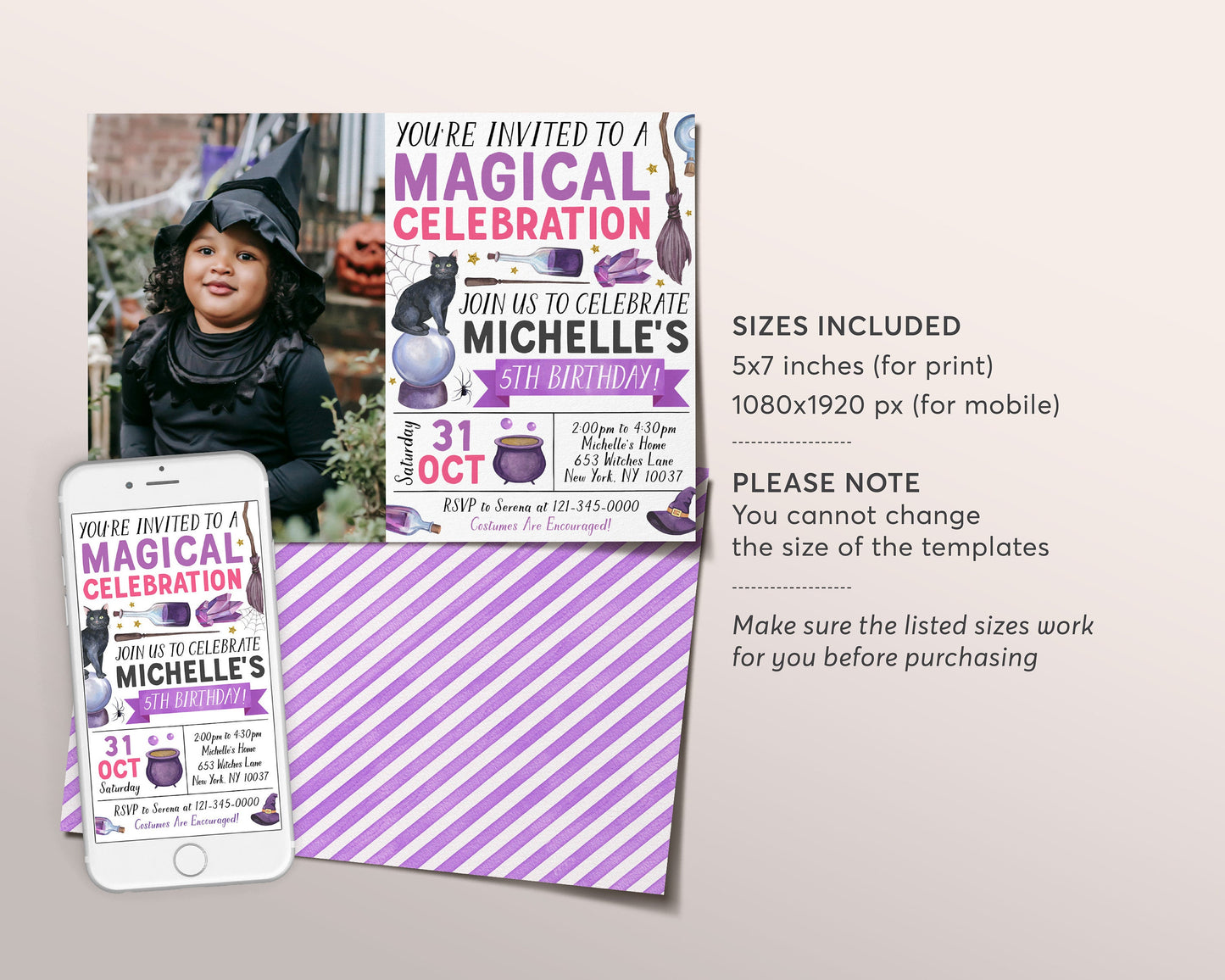 Magical Witch Birthday Invitation With Photo Editable Template, Magic Potion Witchcraft Halloween Night Party Invite, Kids Witches Party
