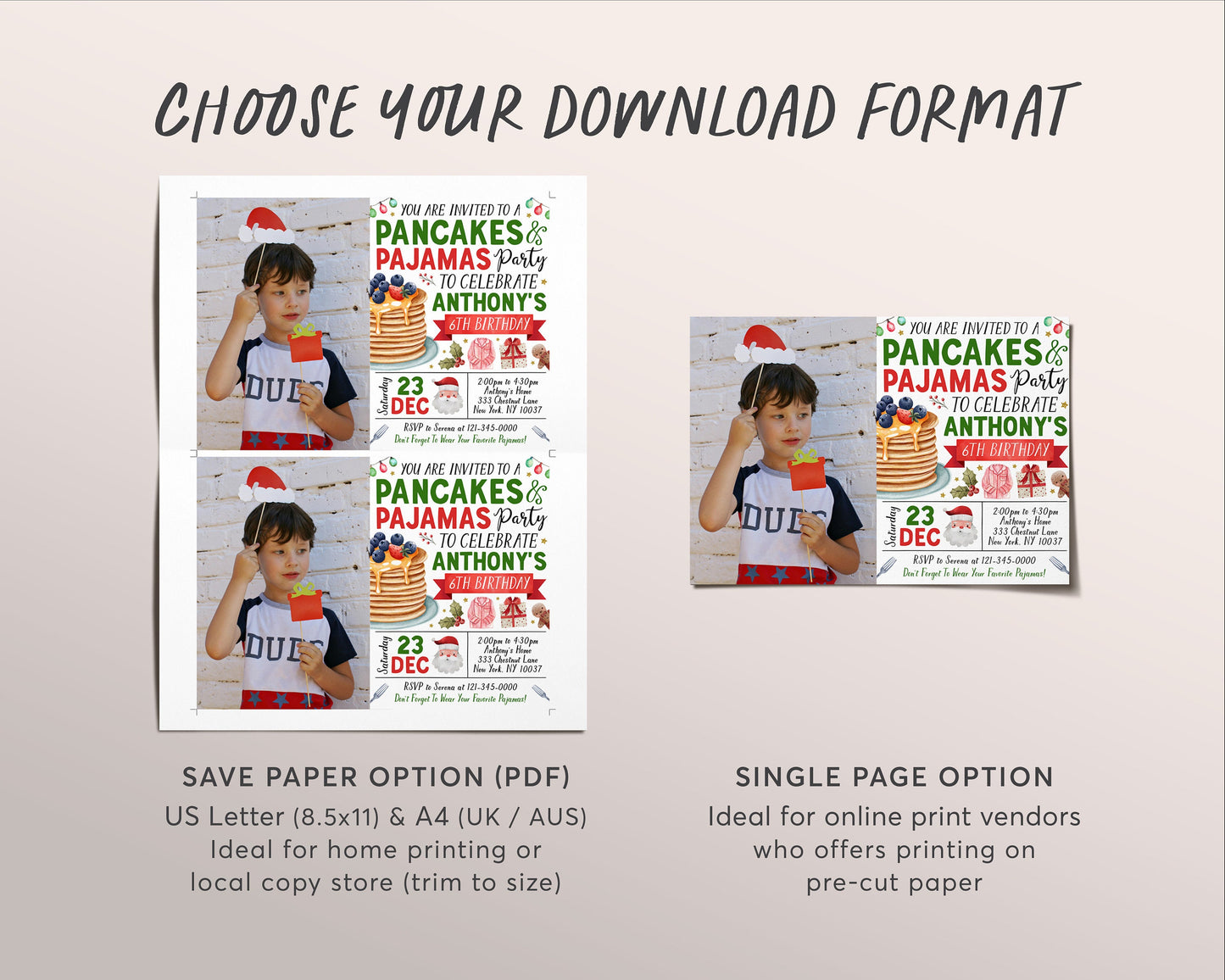 Christmas Pancakes and Pajamas Birthday Invitation With Photo Editable Template, Brunch Pancakes With Santa Party Invite, Kids Holiday Evite