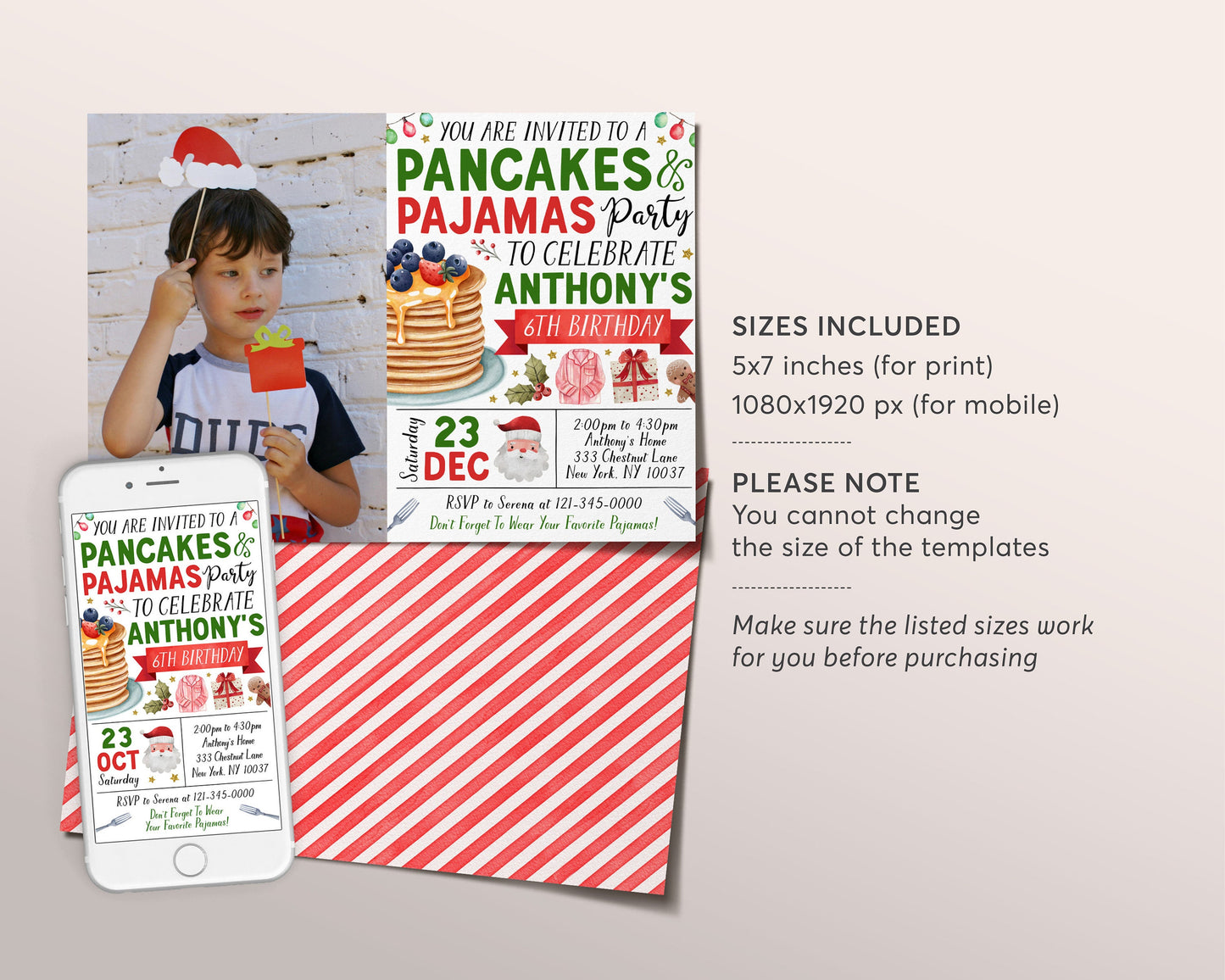 Christmas Pancakes and Pajamas Birthday Invitation With Photo Editable Template, Brunch Pancakes With Santa Party Invite, Kids Holiday Evite