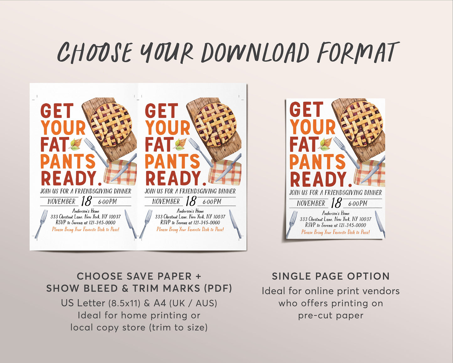 Friendsgiving Dinner Invitation Editable Template, Get Your Fat Pants Ready Invite, Funny Thanksgiving Dinner Evite, Fall Autumn Potluck