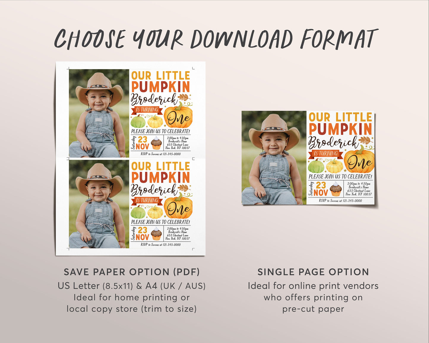 Our Little Pumpkin First Birthday Invitation With Photo Editable Template, Kids Thanksgiving 1st Birthday Party Invite, Pumpkins Fall Evite