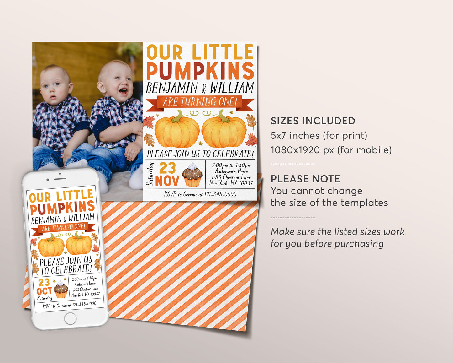Our Little Pumpkins Joint Twins First Birthday Invitation With Photo Editable Template, Siblings Thanksgiving 1st Birthday Party Invite