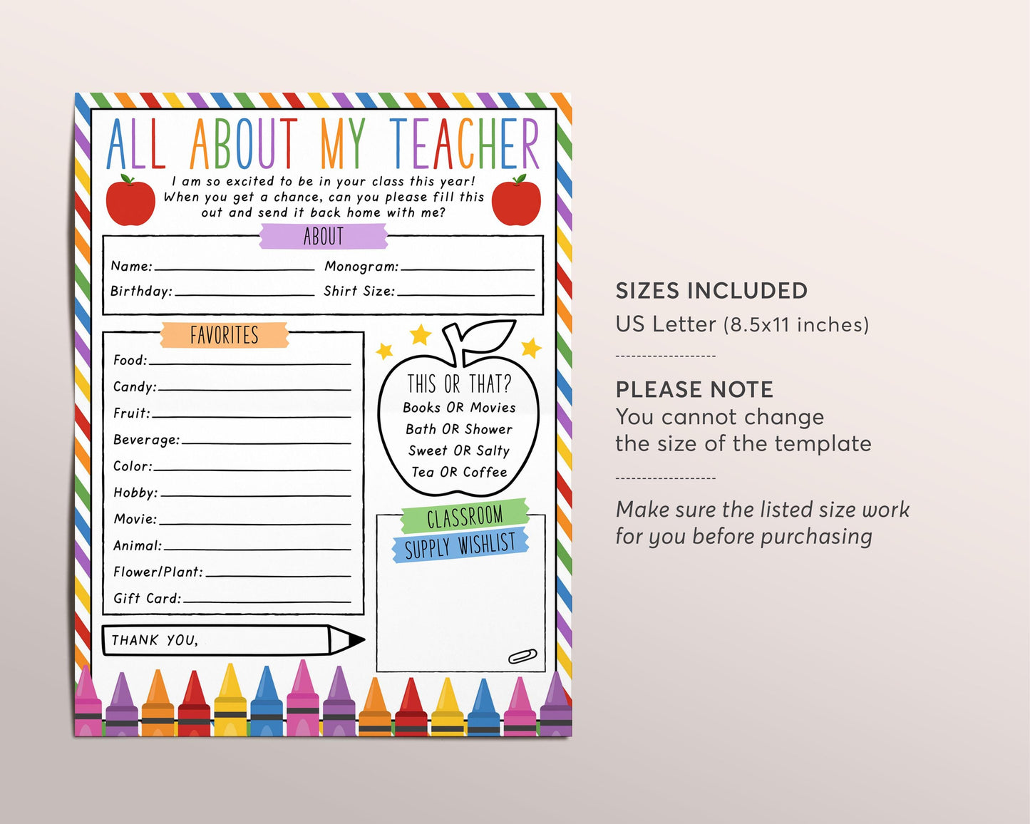 Favorites Teacher Survey Editable Template, Getting To Know My Teacher Questionnaire Worksheet, All About My Teacher, Back To School