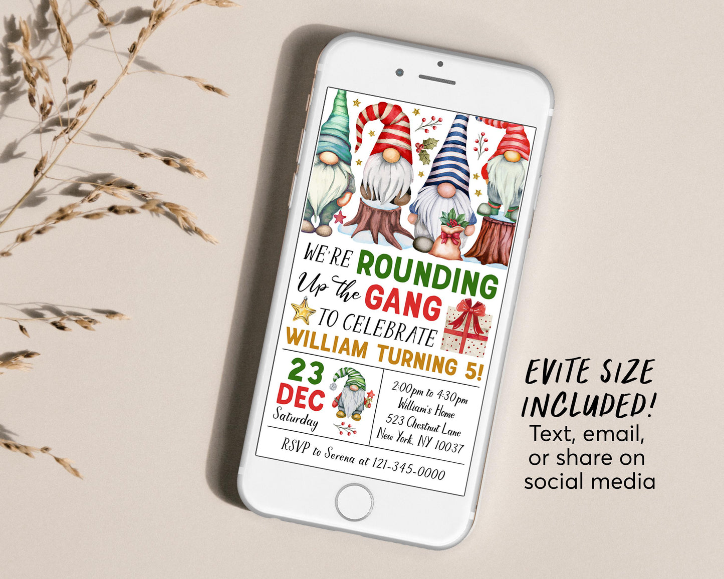 Gnome Birthday Invitation With Photo Editable Template, Kids We're Rounding Up The Gang Party Invite, Christmas Merry Little Birthday Evite