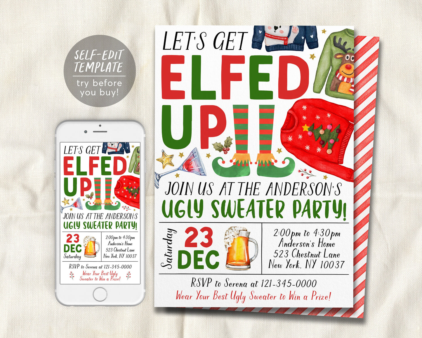 Ugly Sweater Let's Get Elfed Up Christmas Party Invitation Editable Template