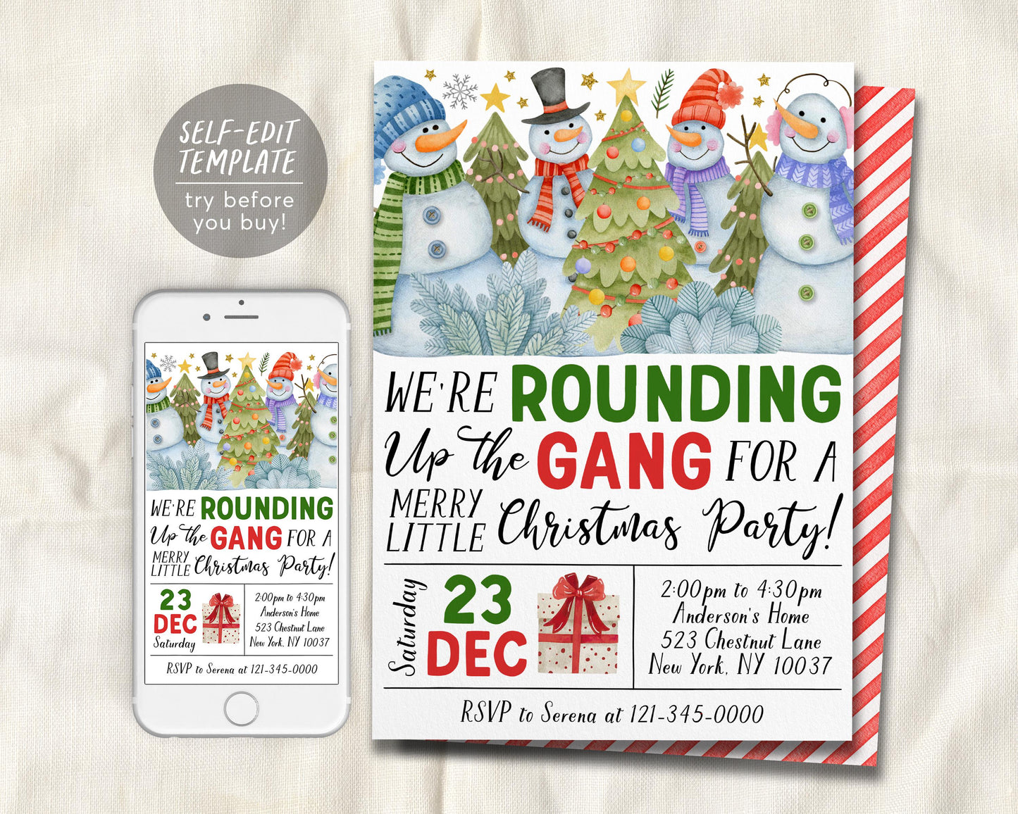 We're Rounding Up The Gang Christmas Party Invitation Editable Template