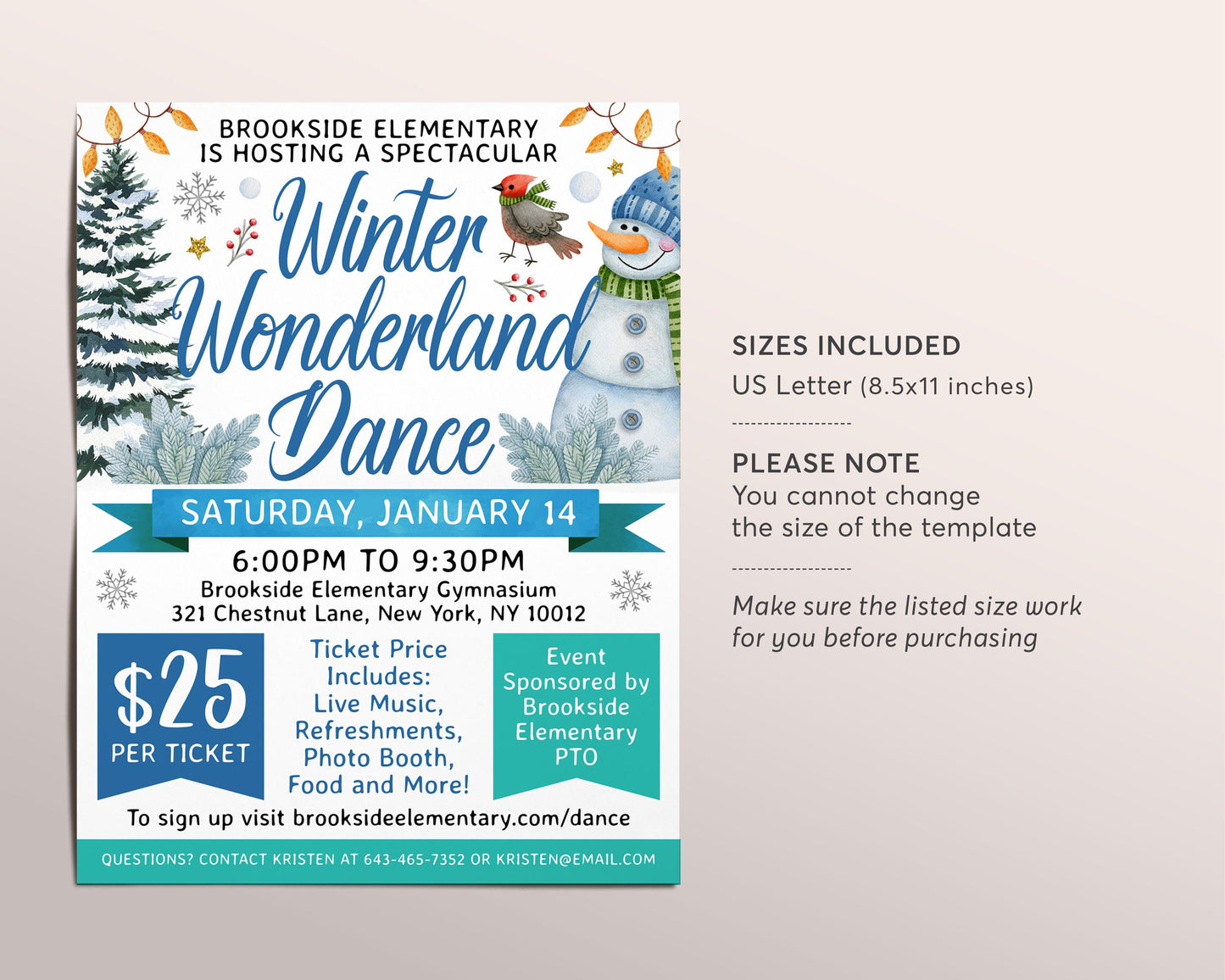 Winter School Dance Flyer Editable Template, Christmas Winter Wonderland Dance Poster, Holiday Dance Fundraiser Invitation Snowman PTO PTA